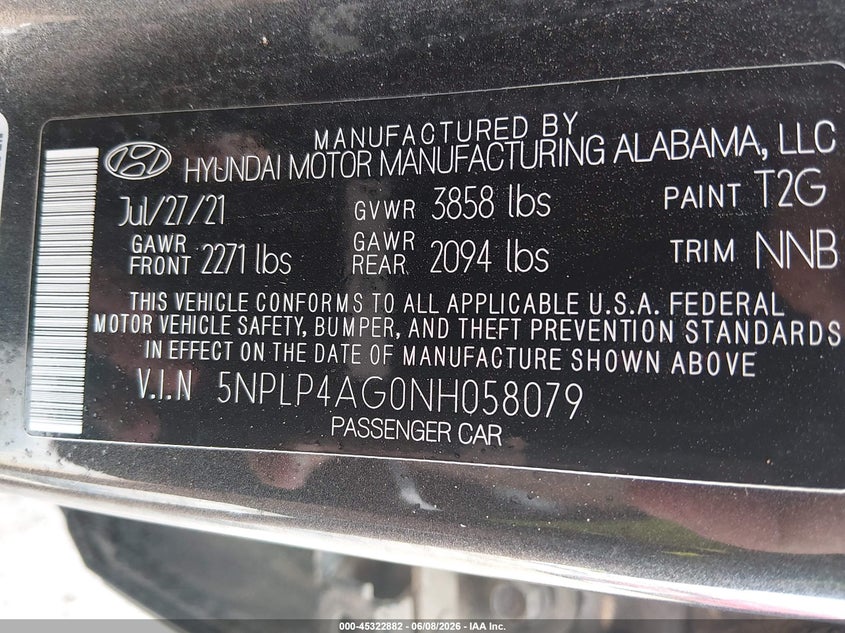 2022 Hyundai Elantra VIN 5NPLP4AG0NH058079 IAAI salvage auction — FRONT END, Salvage Title, sold $1,450 on 2026-08-02 (photo 9)