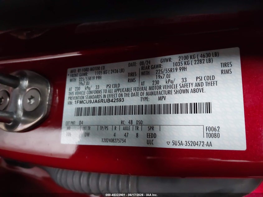 2024 Ford Escape VIN 1FMCU9JA6RUB42593 IAAI salvage auction — RIGHT REAR, Salvage Title, sold $7,500 on 2026-07-27 (photo 9)