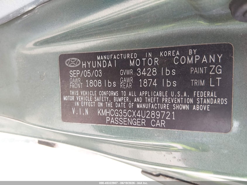 2004 Hyundai Accent VIN KMHCG35CX4U289721 IAAI salvage auction — FRONT END, Salvage (New Jersey), sold $25 on 2026-07-28 (photo 9)