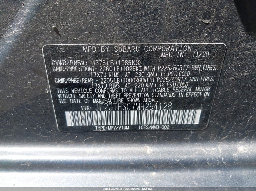 2021 Subaru Xv VIN JF2GTHSC7MH294128 IAAI salvage auction — FRONT END, Salvage Title, sold $2,100 on 2026-07-15 (photo 9)