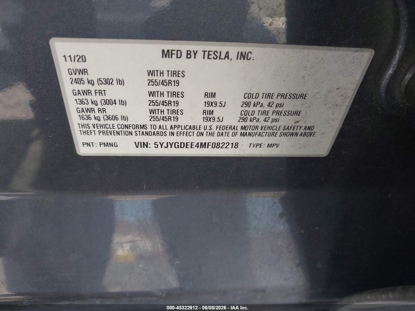 2021 Tesla Model y VIN 5YJYGDEE4MF082218 IAAI salvage auction — RIGHT FRONT, Salvage Title, sold $7,500 on 2026-07-23 (photo 9)