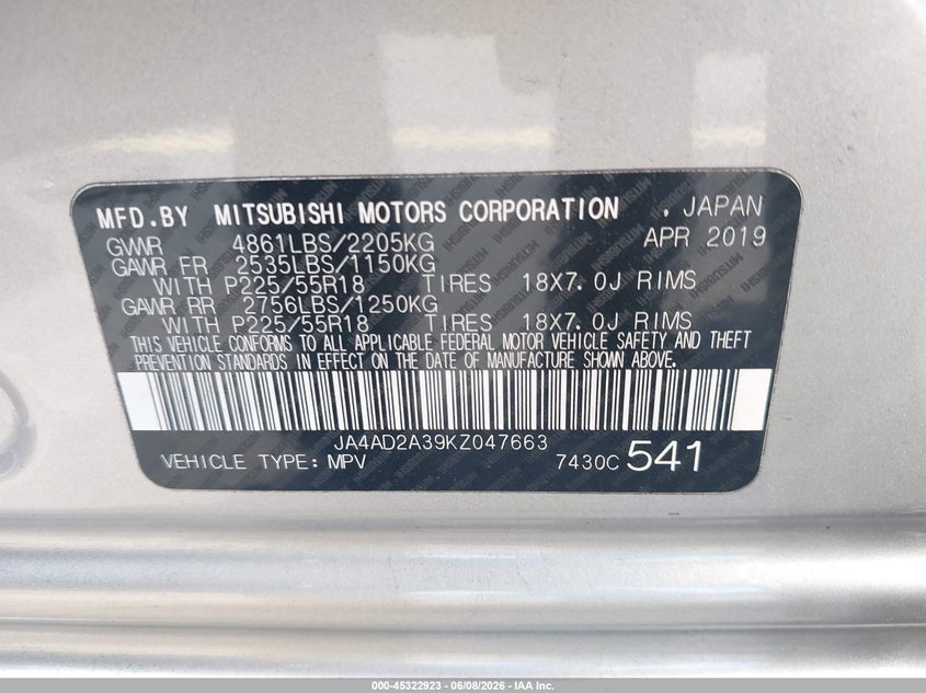 2019 Mitsubishi Outlander VIN JA4AD2A39KZ047663 IAAI salvage auction — FRONT END, Salvage Title, sold $3,100 on 2026-07-09 (photo 9)