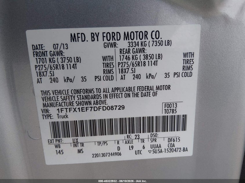 2013 Ford F-150 VIN 1FTFX1EF7DFD08729 IAAI salvage auction — SIDE, Clear (Arkansas), sold $2,350 on 2026-07-29 (photo 9)