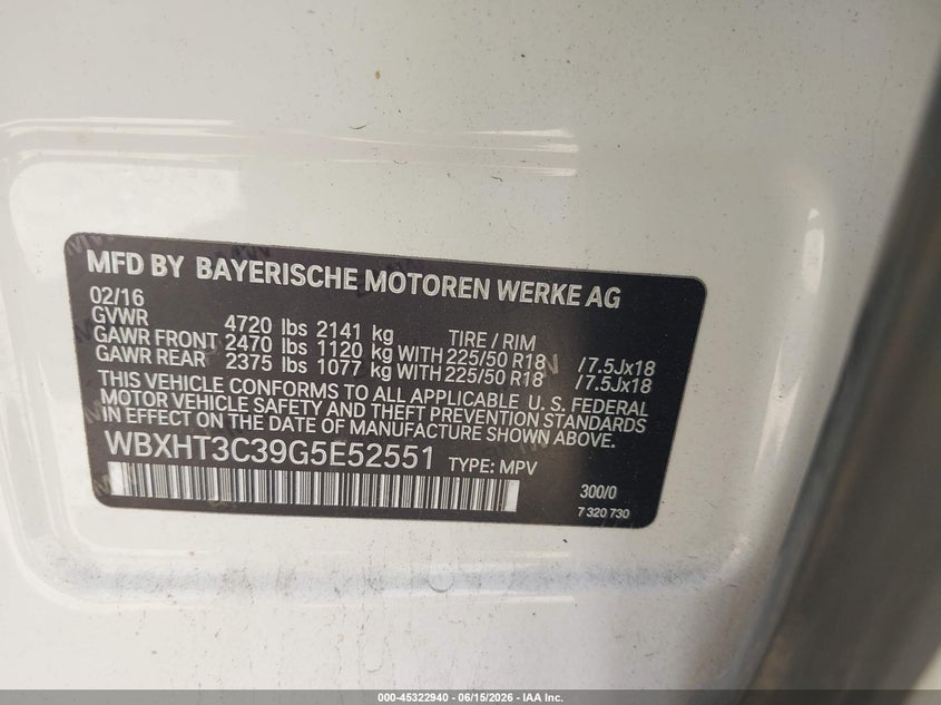 2016 BMW X1 VIN WBXHT3C39G5E52551 IAAI salvage auction — REAR END, Salvage (Georgia), sold $825 on 2026-07-23 (photo 9)