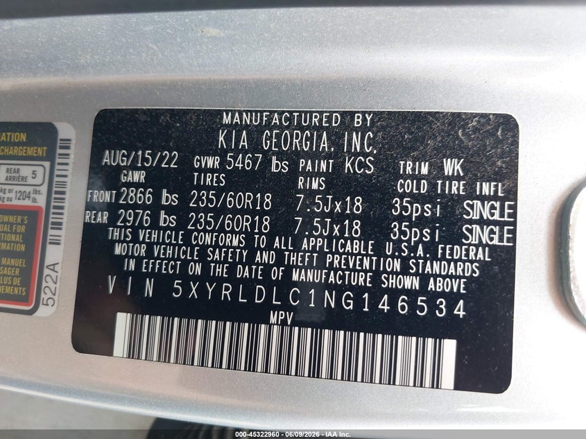 2022 Kia Sorento VIN 5XYRLDLC1NG146534 IAAI salvage auction — SIDE, Salvage Title, sold $7,300 on 2026-07-09 (photo 9)