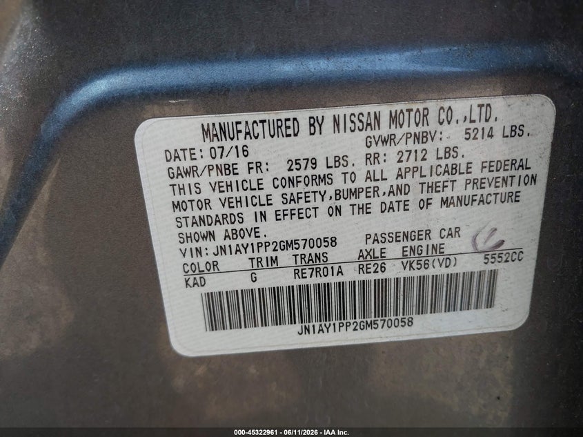 2016 Infiniti Q70 VIN JN1AY1PP2GM570058 IAAI salvage auction — BIO HAZARD, Salvage (Georgia), sold $25 on 2026-07-29 (photo 9)