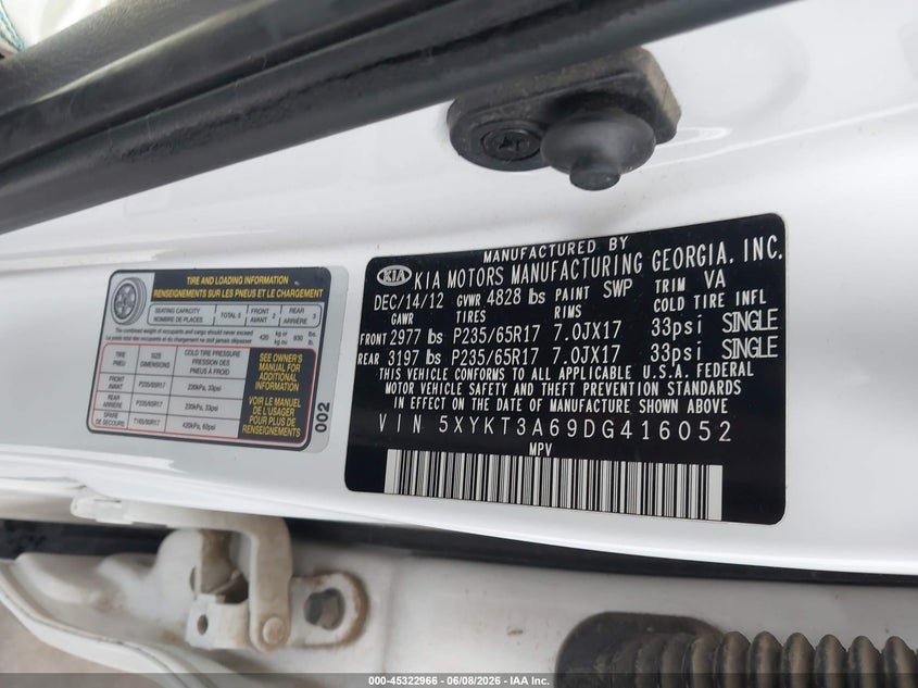 2013 Kia Sorento VIN 5XYKT3A69DG416052 IAAI salvage auction — FRONT END, Prior Salvage (Minnesota), sold $25 on 2026-07-29 (photo 9)