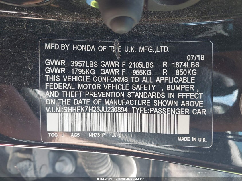 2018 Honda Civic VIN SHHFK7H23JU230894 IAAI salvage auction — FRONT END, Salvage (Texas), sold $2,100 on 2026-07-28 (photo 9)