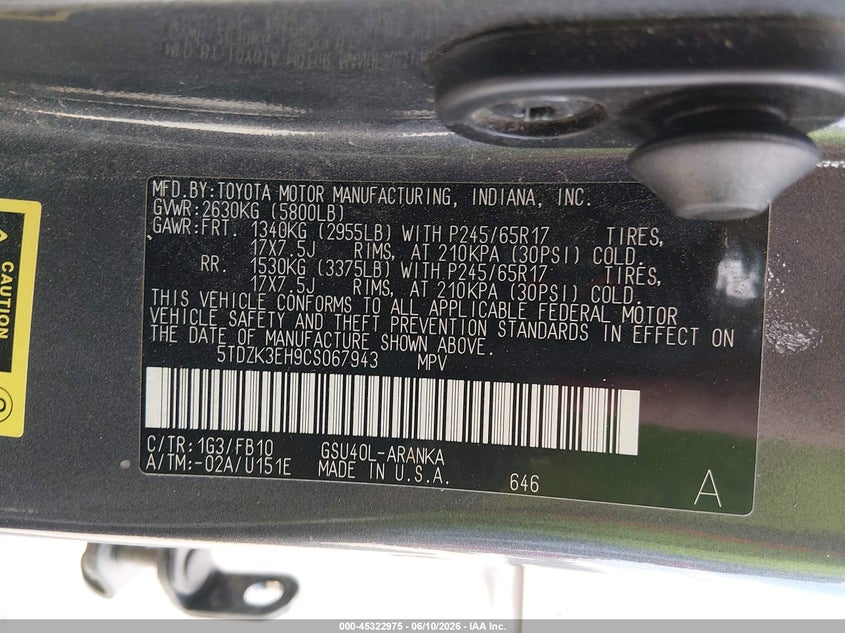 2012 Toyota Highlander VIN 5TDZK3EH9CS067943 IAAI salvage auction — REAR END, Original (Texas), sold $2,625 on 2026-07-30 (photo 9)