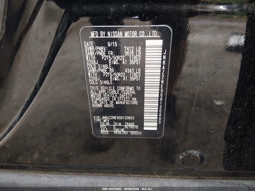2016 Infiniti Qx80 VIN JN8AZ2NE5G9120803 IAAI salvage auction — NORMAL WEAR, Clear (Virginia), sold $2,050 on 2026-07-21 (photo 9)