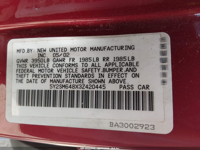 2003 Pontiac Vibe VIN 5Y2SM648X3Z420445 IAAI salvage auction — NORMAL WEAR, Salvage (Texas), sold $625 on 2026-07-24 (photo 9)