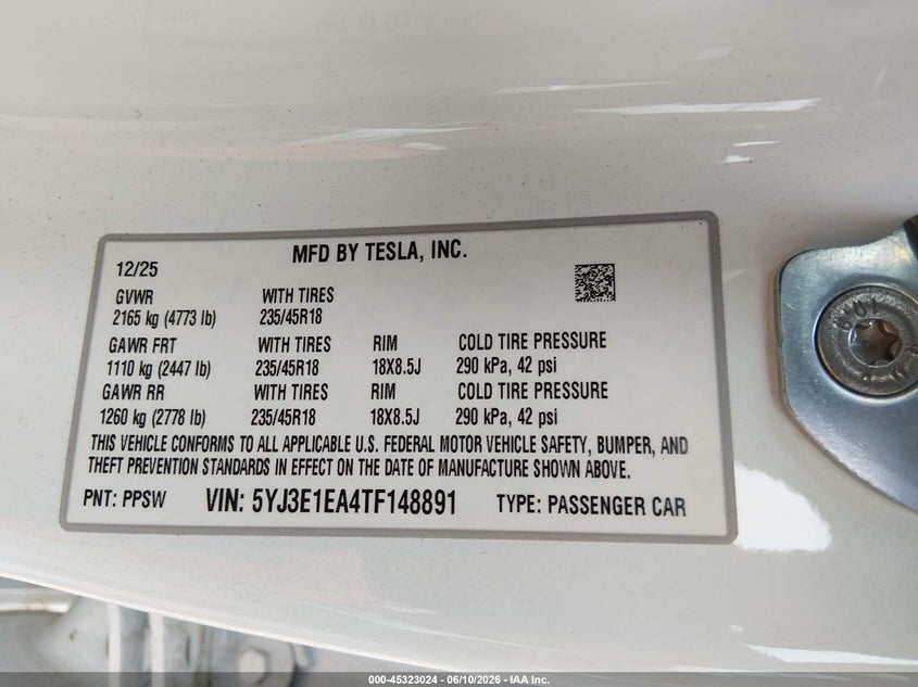 2026 Tesla Model 3 VIN 5YJ3E1EA4TF148891 IAAI salvage auction — REAR END, Salvage (North Carolina), sold $18,100 on 2026-08-01 (photo 9)