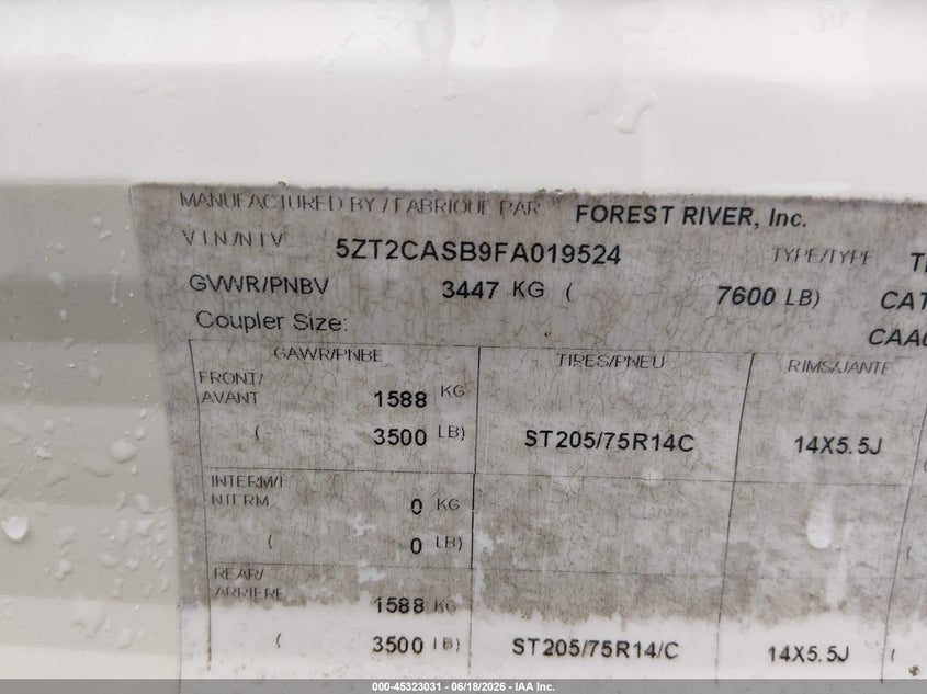 2015 Forest river Coachmen catalina VIN 5ZT2CASB9FA019524 IAAI salvage auction — SIDE, Salvage (West Virginia), sold $100 on 2026-07-30 (photo 9)