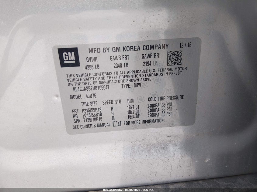 2017 Buick Encore VIN KL4CJASB2HB105647 IAAI salvage auction — LEFT REAR, Salvage Title, sold $1,600 on 2026-07-28 (photo 9)