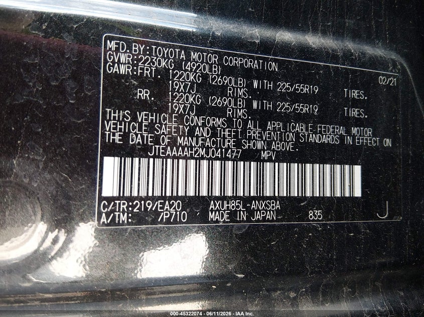 2021 Toyota Venza VIN JTEAAAAH2MJ041477 IAAI salvage auction — REAR END, Salvage (Kentucky), sold $25 on 2026-07-29 (photo 9)
