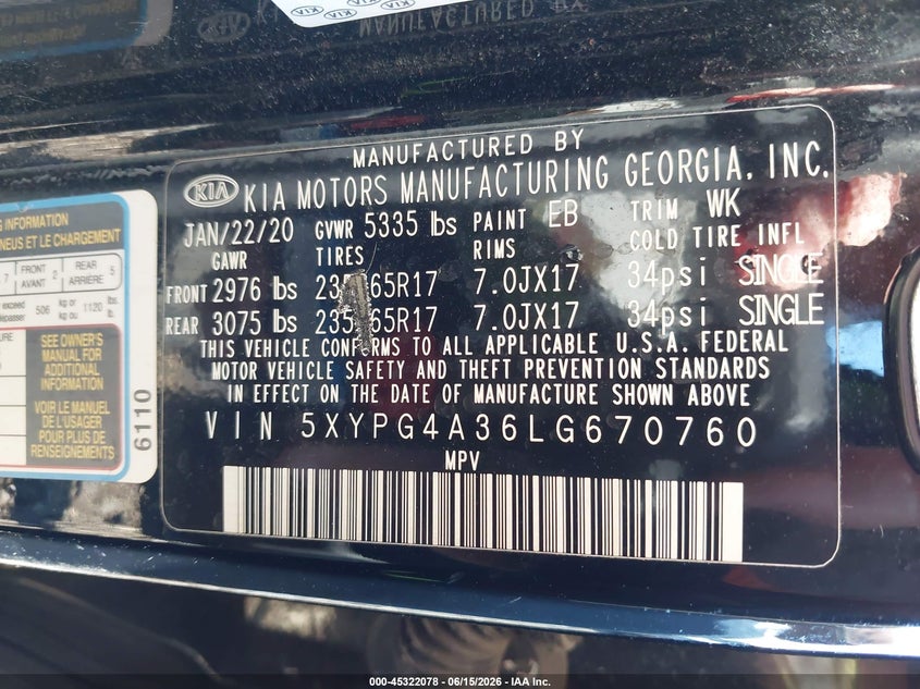 2020 Kia Sorento VIN 5XYPG4A36LG670760 IAAI salvage auction — FRONT END, Salvage Title, sold $3,750 on 2026-07-31 (photo 9)