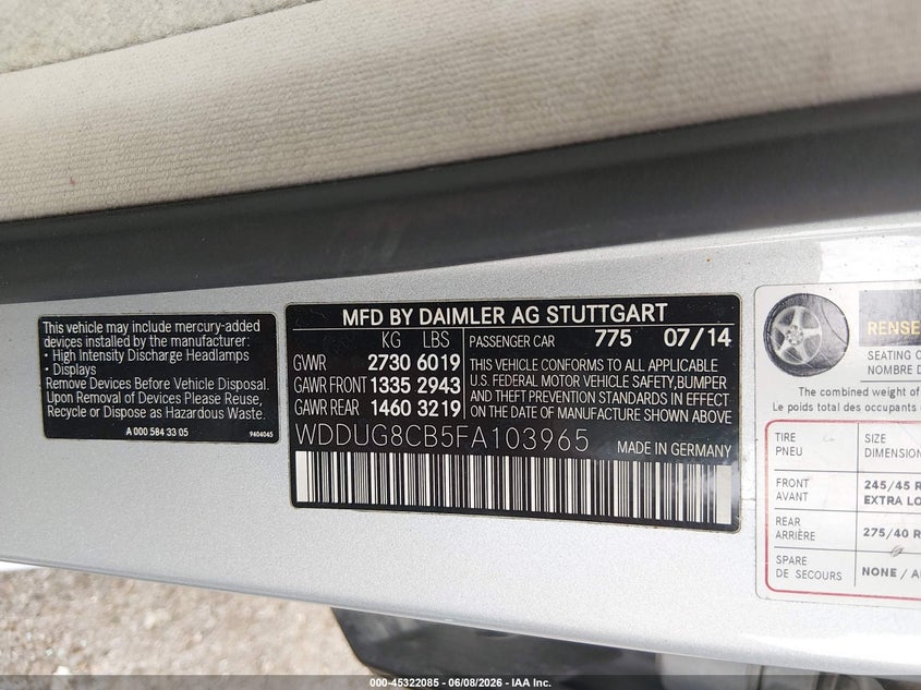 2015 Mercedes-benz S-klasse VIN WDDUG8CB5FA103965 IAAI salvage auction — FRONT END, Salvage Title, sold $6,650 on 2026-07-06 (photo 9)