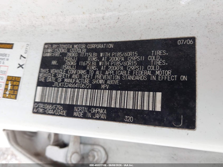 2006 Scion Xb VIN JTLKT324664106721 IAAI salvage auction — NORMAL WEAR, Original (Texas), sold $275 on 2026-07-29 (photo 9)
