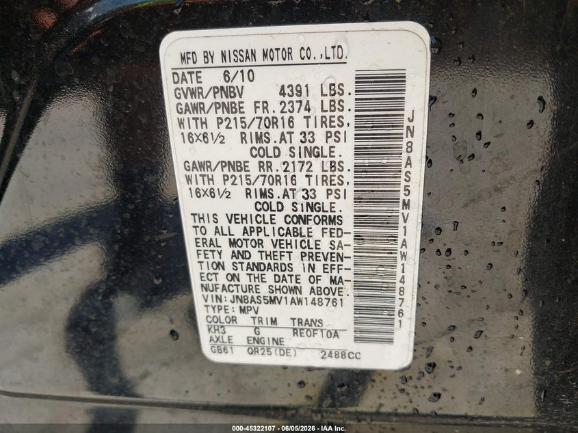 2010 Nissan Rogue sport VIN JN8AS5MV1AW148761 IAAI salvage auction — NORMAL WEAR, Clear (Tennessee), sold $250 on 2026-07-16 (photo 9)