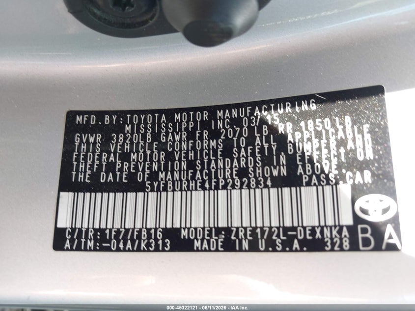 2015 Toyota Corolla VIN 5YFBURHE4FP292834 IAAI salvage auction — LEFT REAR, Salvage Title, sold $3,200 on 2026-07-15 (photo 9)