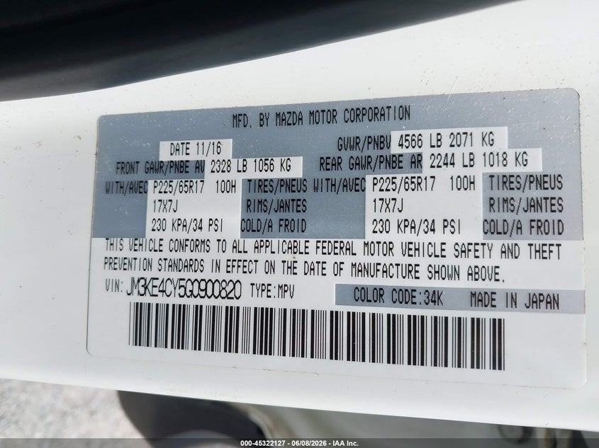 2016 Mazda Cx-5 VIN JM3KE4CY5G0900820 IAAI salvage auction — FRONT END, Salvage Title, sold $1,450 on 2026-07-10 (photo 9)
