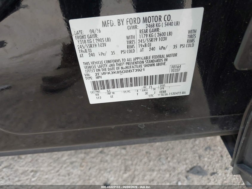 2016 Ford Edge VIN 2FMPK3K85GBB73921 IAAI salvage auction — FRONT END, Original (Texas), sold $1,950 on 2026-07-09 (photo 9)