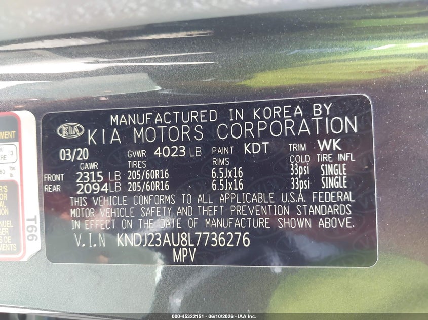 2020 Kia Soul VIN KNDJ23AU8L7736276 IAAI salvage auction — LEFT & RIGHT, Salvage Title, sold $2,350 on 2026-07-15 (photo 9)