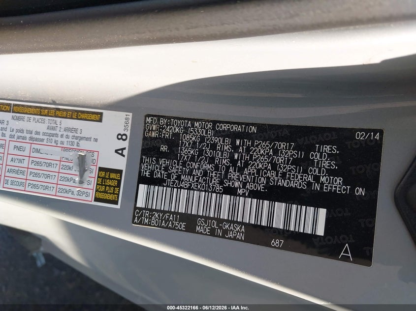 2014 Toyota Fj cruiser VIN JTEZU4BFXEK013785 IAAI salvage auction — ROLLOVER, Salvage Title, sold $5,500 on 2026-08-14 (photo 9)