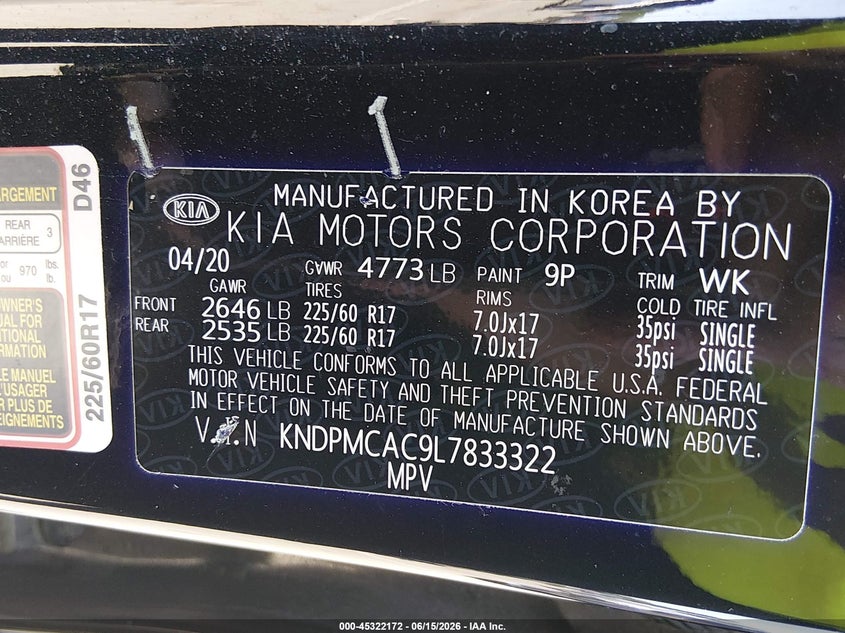 2020 Kia Sportage VIN KNDPMCAC9L7833322 IAAI salvage auction — FRONT END, Salvage (New Jersey), sold $4,550 on 2026-07-24 (photo 9)