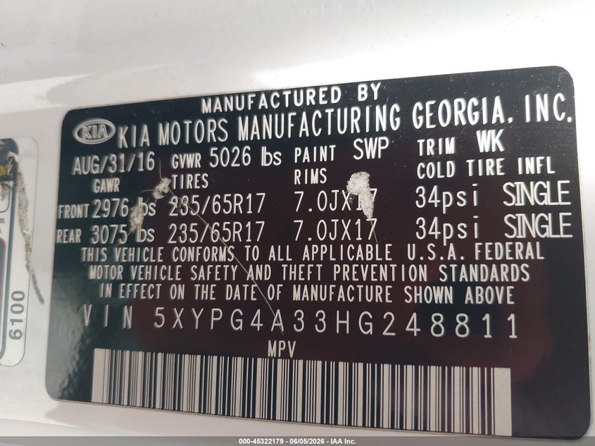 2017 Kia Sorento VIN 5XYPG4A33HG248811 IAAI salvage auction — FRONT END, Clear (Florida), sold $1,350 on 2026-07-15 (photo 9)