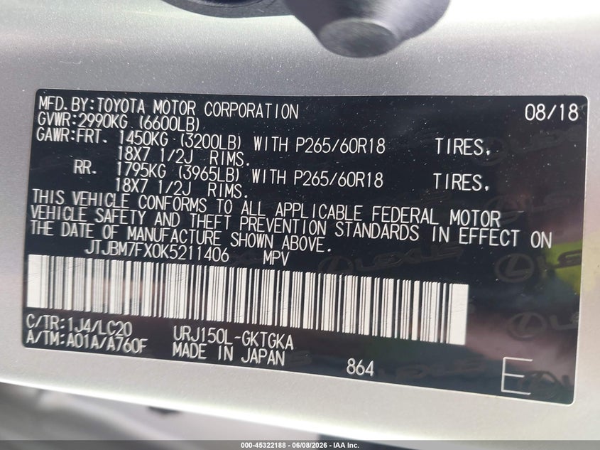 2019 Lexus Gx VIN JTJBM7FX0K5211406 IAAI salvage auction — FRONT END, Salvage Title, sold $21,450 on 2026-09-01 (photo 9)