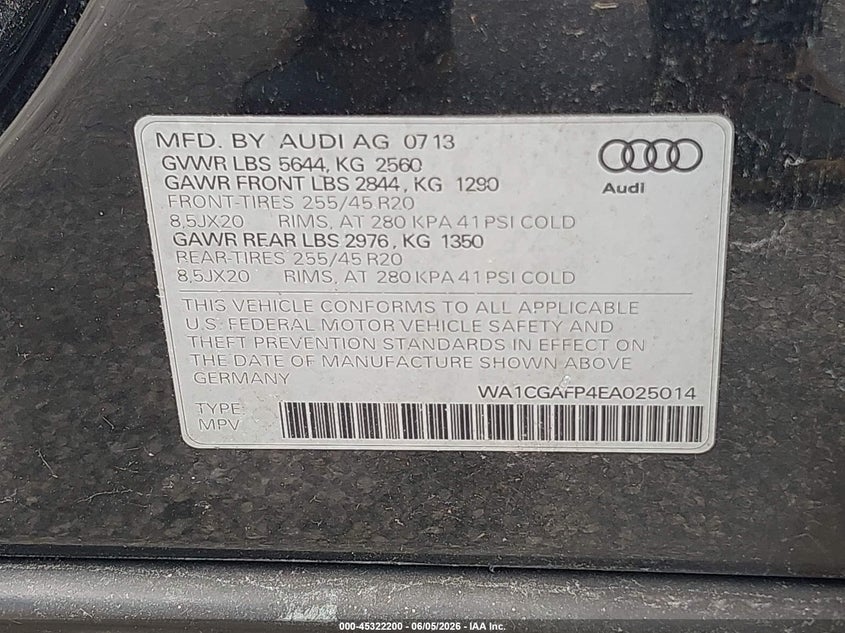 2014 Audi Sq5 VIN WA1CGAFP4EA025014 IAAI salvage auction — NORMAL WEAR, Clear (Florida), sold $1,700 on 2026-07-16 (photo 9)