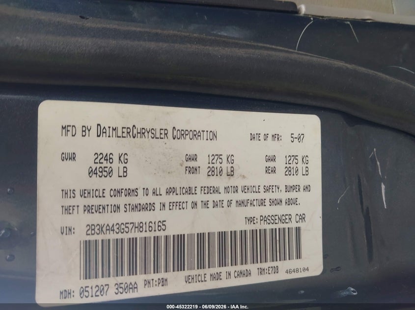 2007 Dodge Charger VIN 2B3KA43G57H816165 IAAI salvage auction — NORMAL WEAR, Clear (Tennessee), sold $250 on 2026-07-09 (photo 9)