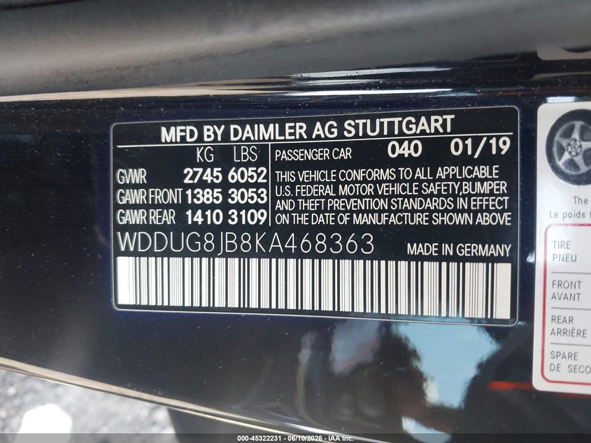 2019 Mercedes-benz VIN WDDUG8JB8KA468363 IAAI salvage auction — FRONT END, Salvage Title, sold $16,800 on 2026-07-30 (photo 9)