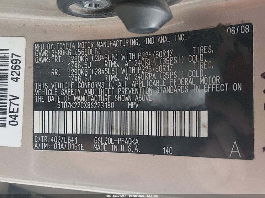 2008 Toyota Sienna VIN 5TDZK22CX8S223188 IAAI salvage auction — FRONT END, Salvage (Kentucky), sold $275 on 2026-07-15 (photo 9)
