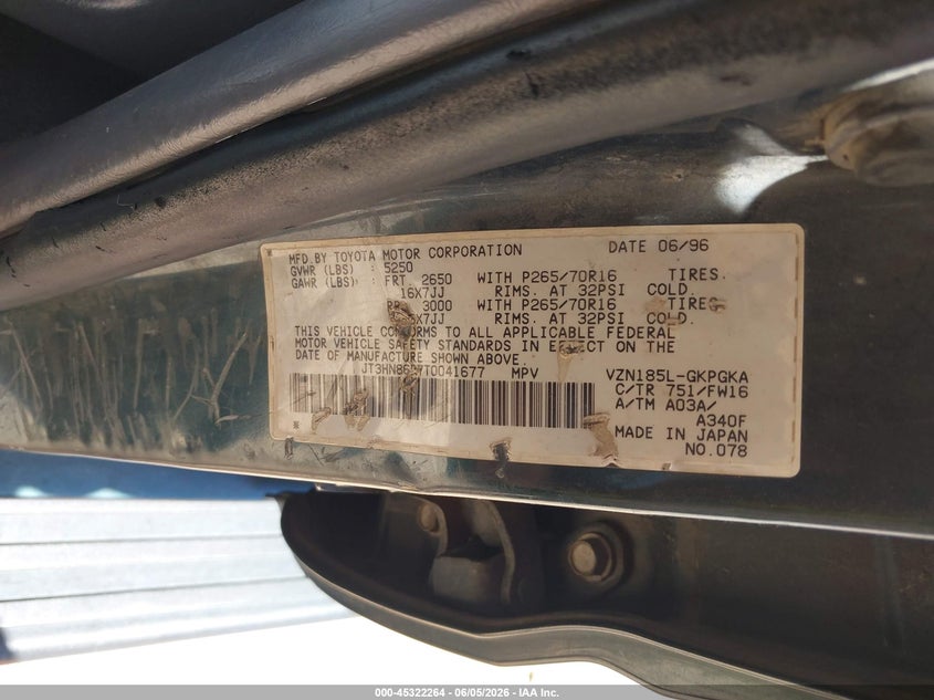 1996 Toyota 4runner VIN JT3HN86R7T0041677 IAAI salvage auction — NORMAL WEAR, Clear-Dealer Only (Arizona), sold $575 on 2026-07-09 (photo 9)