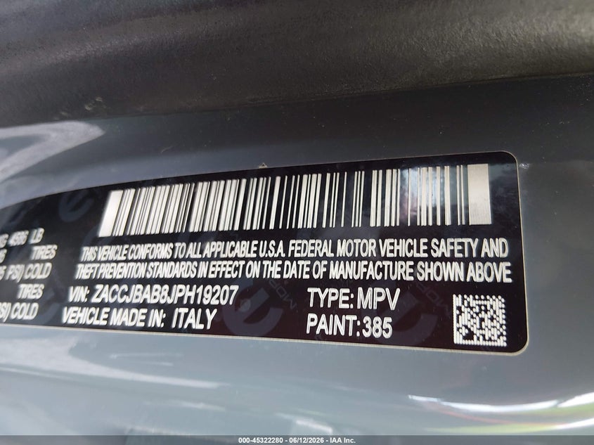 2018 Jeep Renegade VIN ZACCJBAB8JPH19207 IAAI salvage auction — FRONT END, Salvage (West Virginia), sold $1,500 on 2026-07-24 (photo 9)