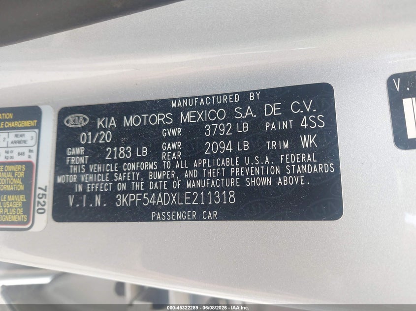 2020 Kia Forte VIN 3KPF54ADXLE211318 IAAI salvage auction — REAR END, Salvage Title, sold $4,000 on 2026-08-27 (photo 9)