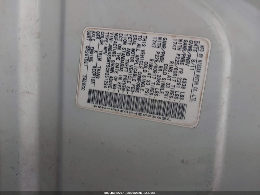 2012 Nissan Rogue VIN JN8AS5MT5CW251294 IAAI salvage auction — FRONT END, Salvage Title, sold $550 on 2026-07-09 (photo 9)