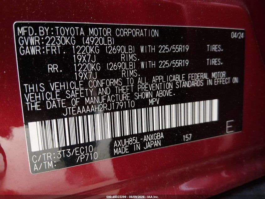 2024 Toyota Venza VIN JTEAAAAH2RJ179110 IAAI salvage auction — RIGHT SIDE, Salvage Title, sold $15,350 on 2026-07-07 (photo 9)