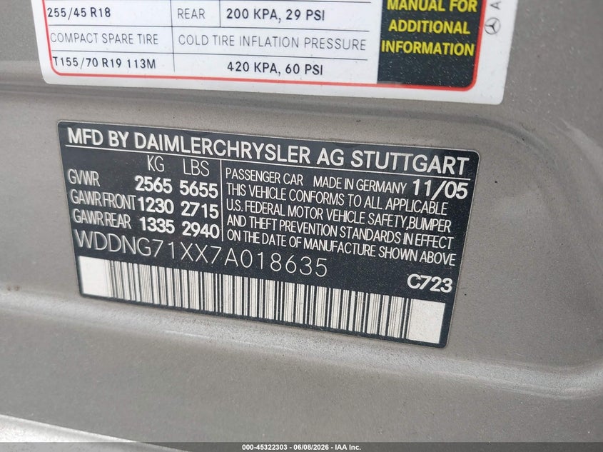 2007 Mercedes-benz S class VIN WDDNG71XX7A018635 IAAI salvage auction — NORMAL WEAR, Clear (Maryland), sold $550 on 2026-07-21 (photo 9)