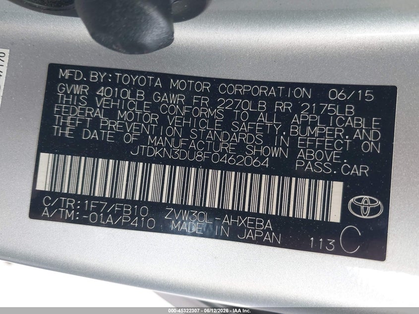 2015 Toyota Prius VIN JTDKN3DU8F0462064 IAAI salvage auction — LEFT SIDE, Salvage Certificate (California), sold $1,750 on 2026-07-08 (photo 9)