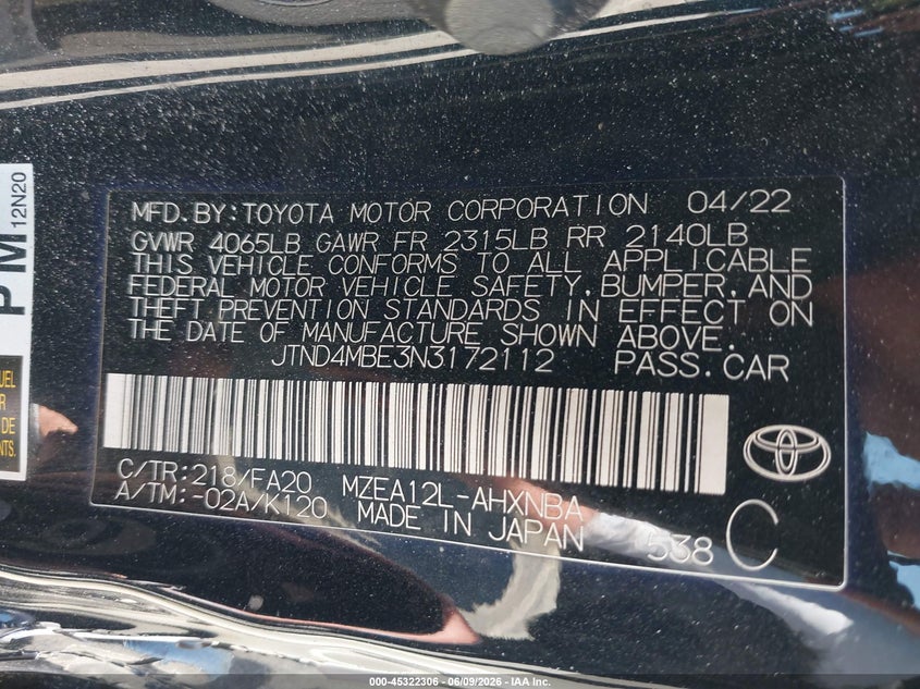 2022 Toyota Corolla VIN JTND4MBE3N3172112 IAAI salvage auction — LEFT SIDE, Salvage (California), sold $2,750 on 2026-07-28 (photo 9)