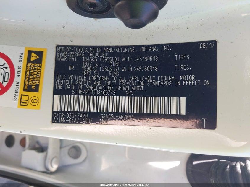 2017 Toyota Highlander VIN 5TDBZRFH5HS466743 IAAI salvage auction — RIGHT SIDE, Salvage (Indiana), sold $6,050 on 2026-07-14 (photo 9)