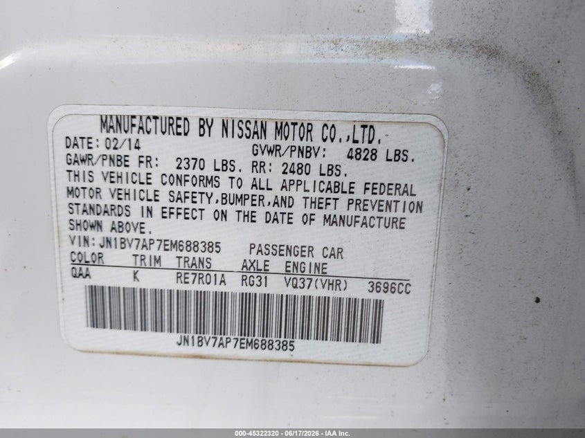 2014 Infiniti Q50 VIN JN1BV7AP7EM688385 IAAI salvage auction — RIGHT SIDE, Salvage (Georgia), sold $1,150 on 2026-07-15 (photo 9)