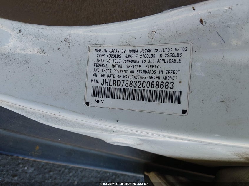 2002 Honda Cr-v VIN JHLRD78832C068683 IAAI salvage auction — NORMAL WEAR, Clear (New Jersey), sold $600 on 2026-07-29 (photo 9)