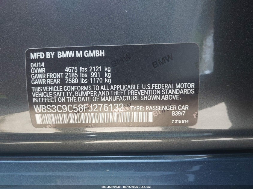 2015 BMW M3 VIN WBS3C9C58FJ276132 IAAI salvage auction — FRONT END, Salvage Title, sold $14,800 on 2026-07-22 (photo 9)