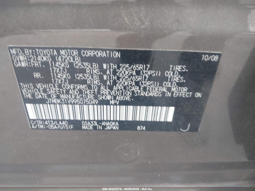 2009 Toyota Rav4 VIN JTMBK31V995075049 IAAI salvage auction — REPOSSESSION, Repossession Paperwork (Georgia), sold $1,775 on 2026-07-11 (photo 9)