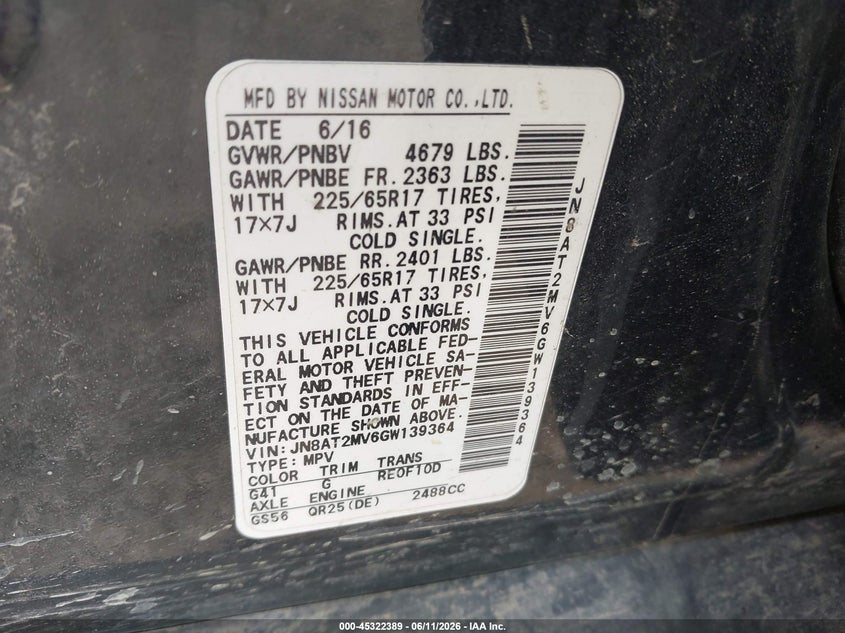 2016 Nissan Rogue VIN JN8AT2MV6GW139364 IAAI salvage auction — FRONT END, Salvage Title, sold $475 on 2026-07-14 (photo 9)