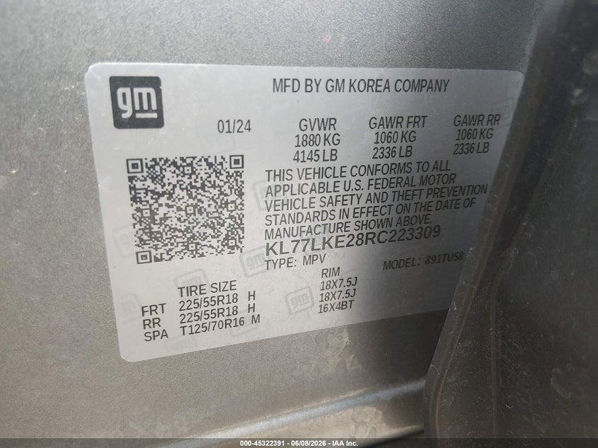 2024 Chevrolet Trax VIN KL77LKE28RC223309 IAAI salvage auction — SIDE, Salvage Title, sold $4,350 on 2026-07-22 (photo 9)